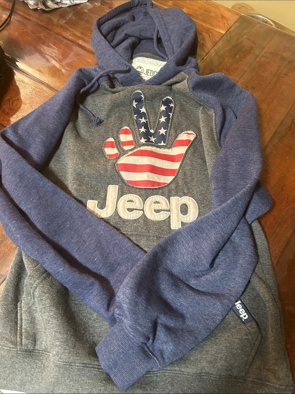 Jeep Men’s Blue and Gray Crewneck Hoodie with American Flag Patch